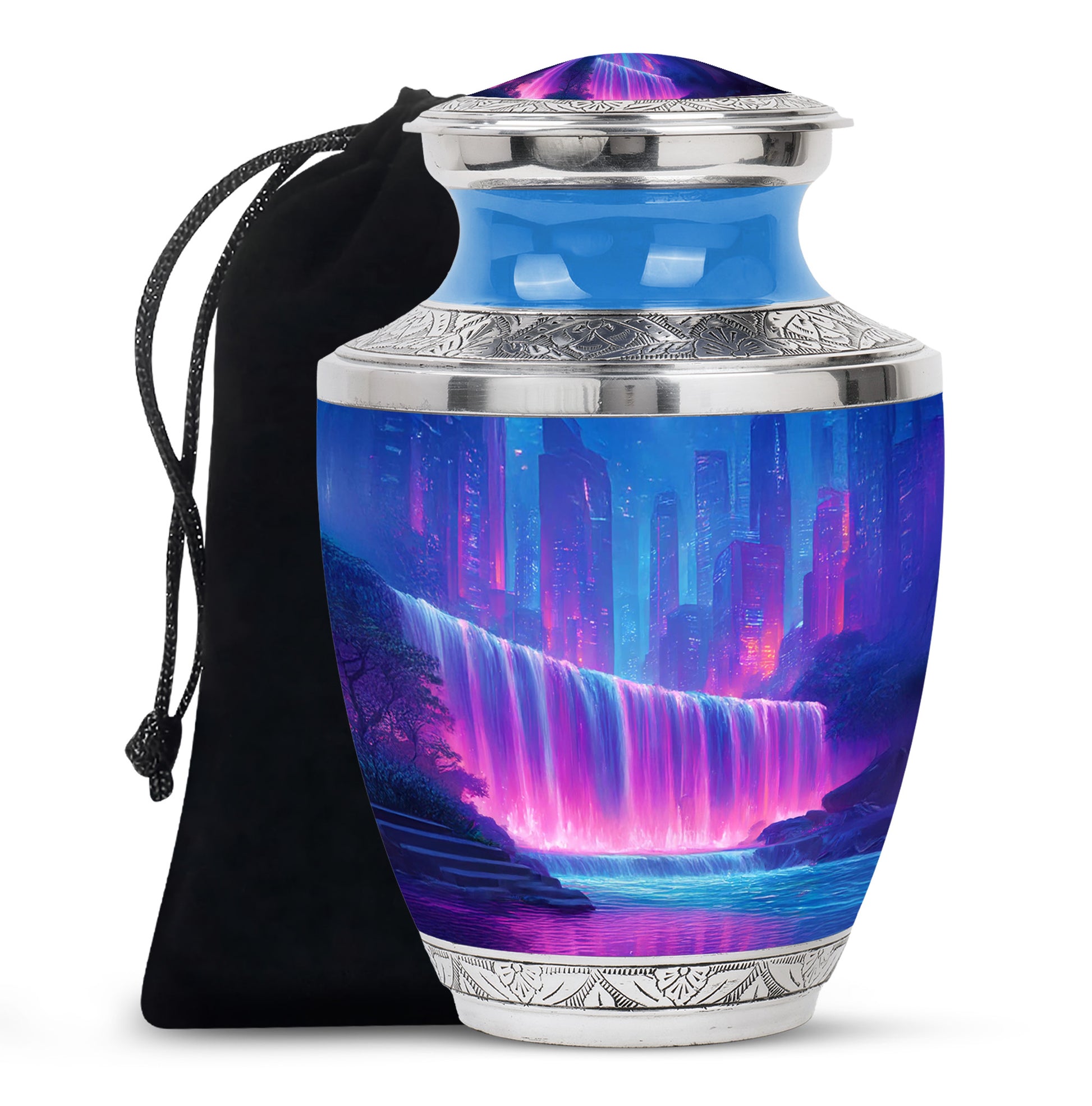 Neon Waterfall Funeral Urn For Ashes - City Memorial Urn For Burial