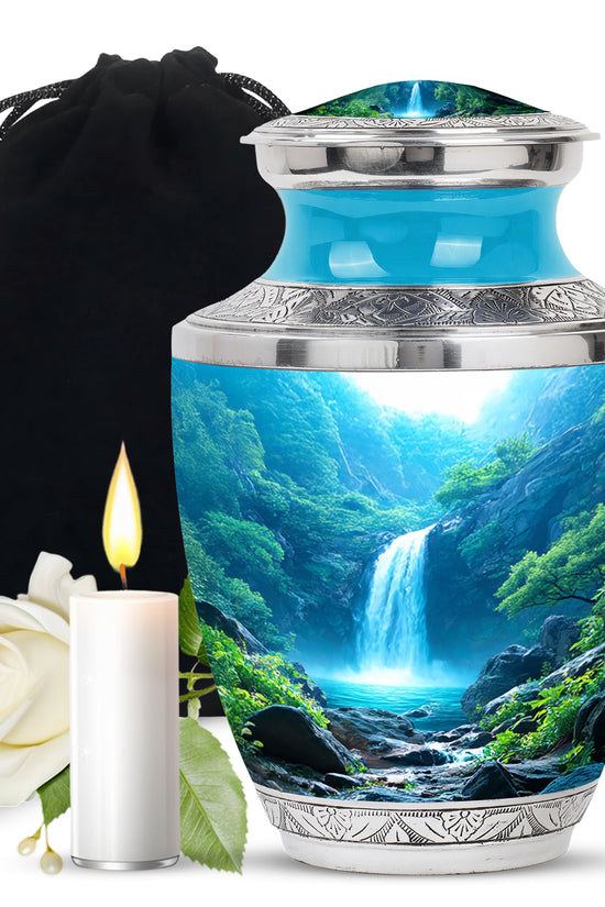 Scenic Waterfall Funeral Urn - Blue Aluminium Cremation Urn For Adult Ashes
