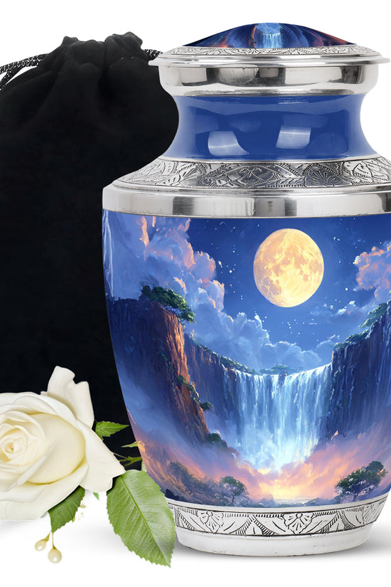 Beautiful Nature Theme Cremation Urn - Blue Aluminium Memorial Urn For Human Ashes