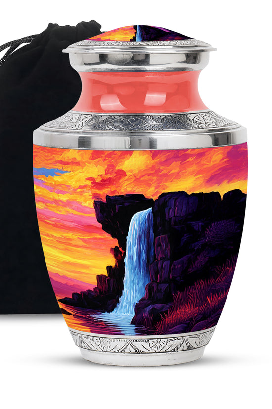 Mountain Waterfall Funeral Urn - Orange Aluminium Memorial Urn For Burial