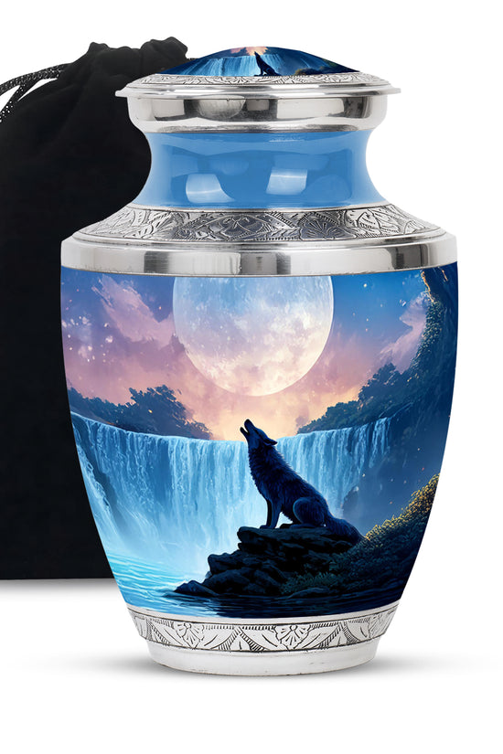 Mountain Waterfall Cremation Urn - Wolf Memorial Urn For Adult Ashes