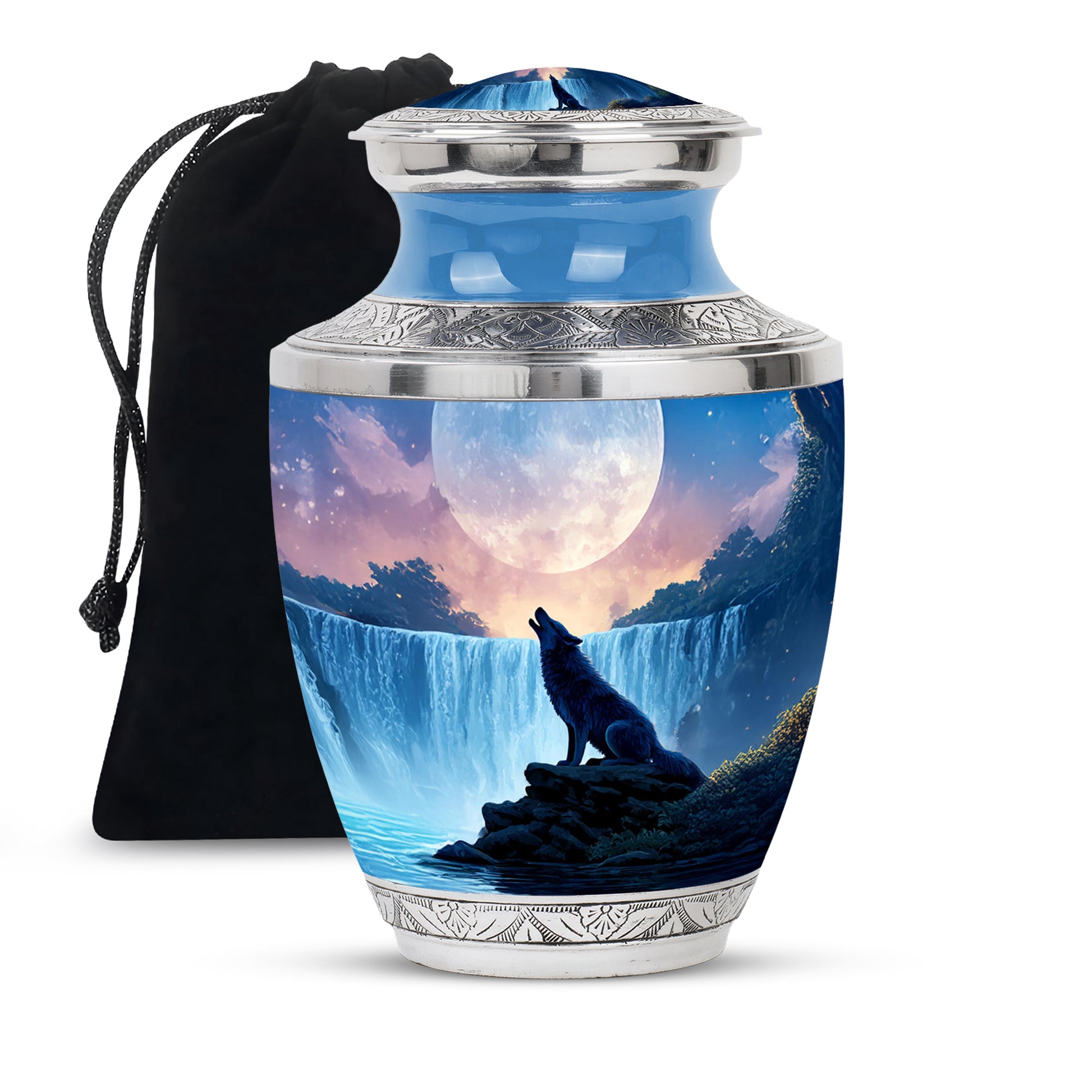 Mountain Waterfall Cremation Urn - Wolf Memorial Urn For Adult Ashes