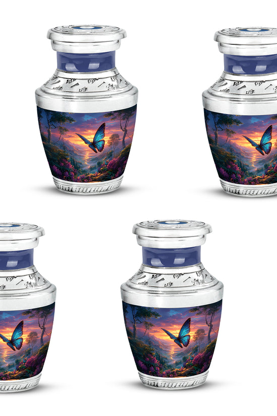 Serene Blue Butterfly Cremation Urn back view with polished surface - artistic butterfly interpretation with creative detail - 10 inch aluminum urn for cremated remains