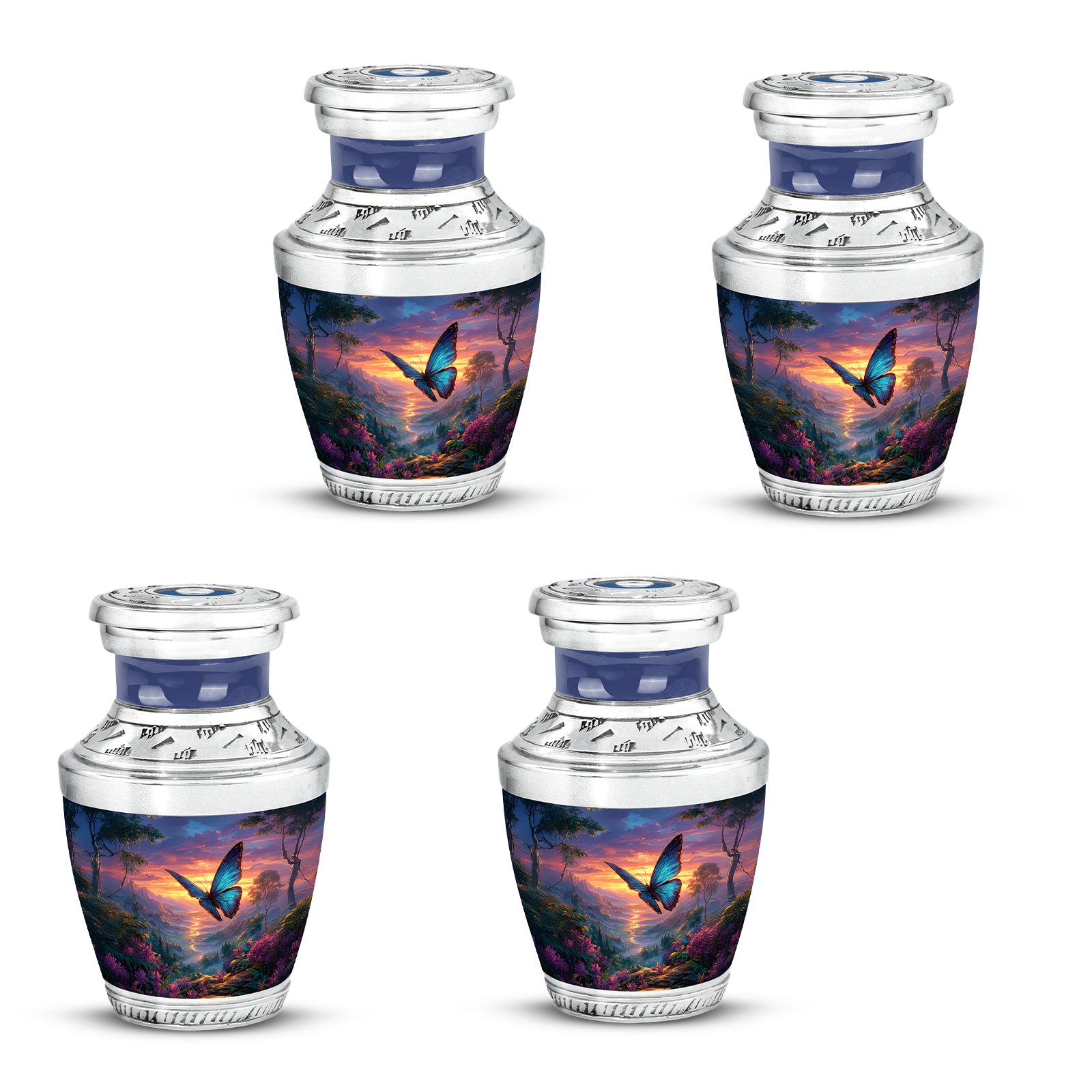 Serene Blue Butterfly Cremation Urn back view with polished surface - artistic butterfly interpretation with creative detail - 10 inch aluminum urn for cremated remains
