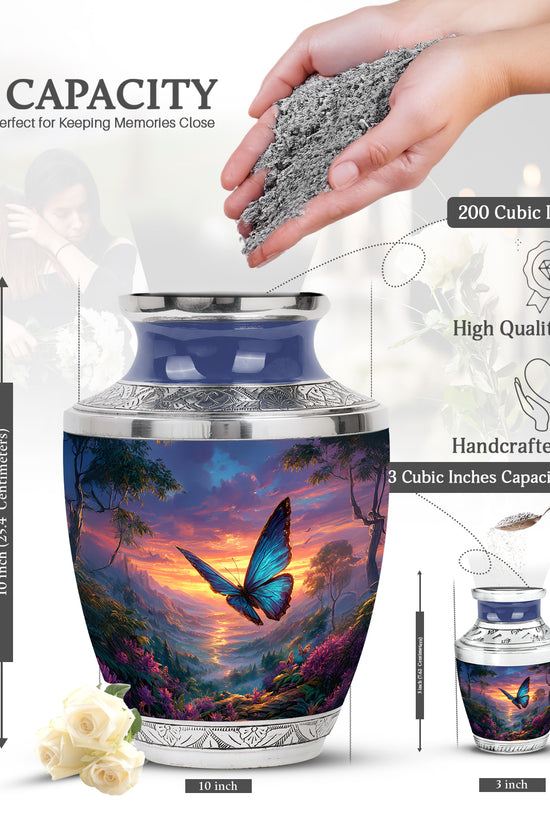 Steel Blue Butterfly Cremation Urn top-down view of secure threaded lid - stylized abstract butterfly pattern with bold lines - mini keepsake memorial for portion of cremation ashes