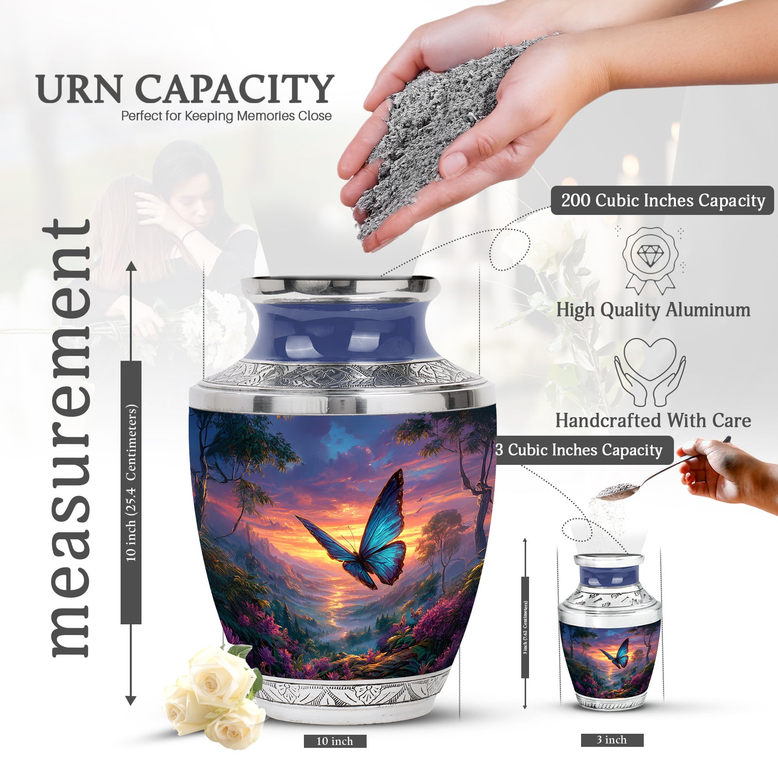 Steel Blue Butterfly Cremation Urn top-down view of secure threaded lid - stylized abstract butterfly pattern with bold lines - mini keepsake memorial for portion of cremation ashes