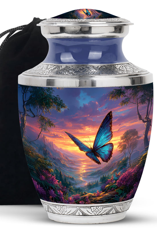 Sky Blue Butterfly Cremation Urn side profile showing urn shape - contemporary butterfly design with modern artistic flair - full-size 10 inch 200 cubic inch adult cremation urn