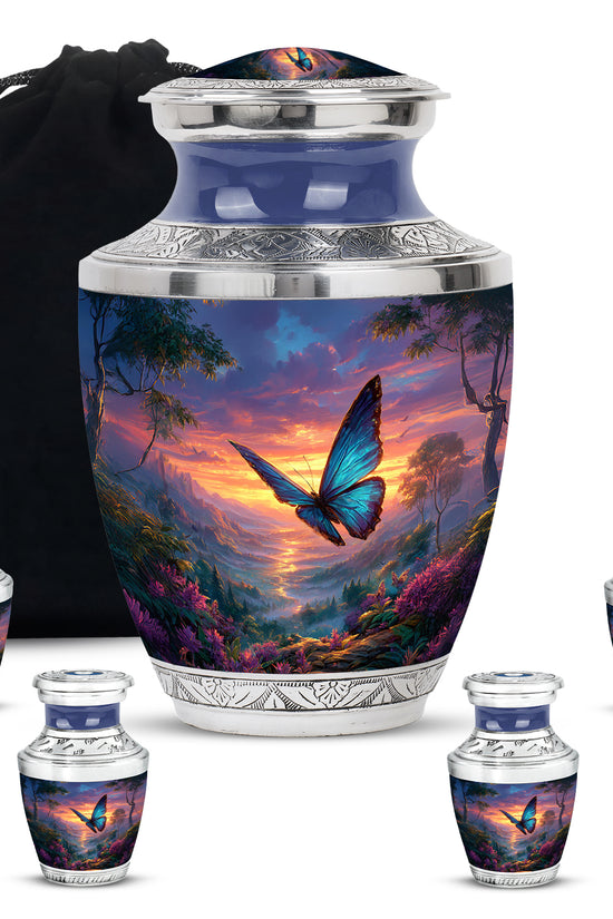 Icy Blue Butterfly Cremation Urn lifestyle display on memorial shelf - modern art-inspired butterfly motif on sleek aluminum - memorial set with one large and four small urns