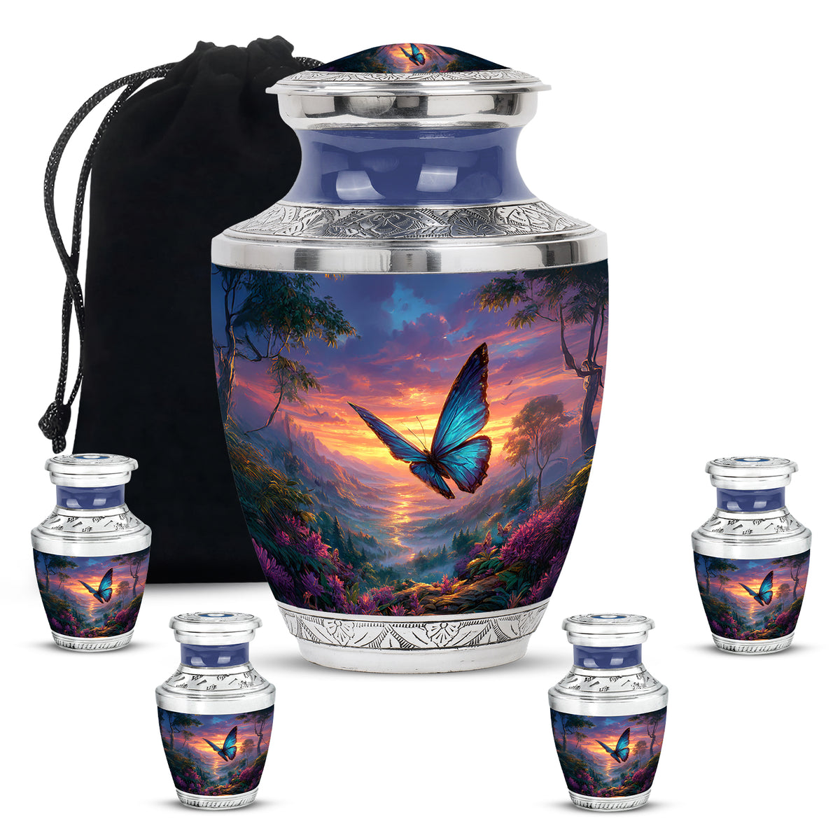 Icy Blue Butterfly Cremation Urn lifestyle display on memorial shelf - modern art-inspired butterfly motif on sleek aluminum - memorial set with one large and four small urns