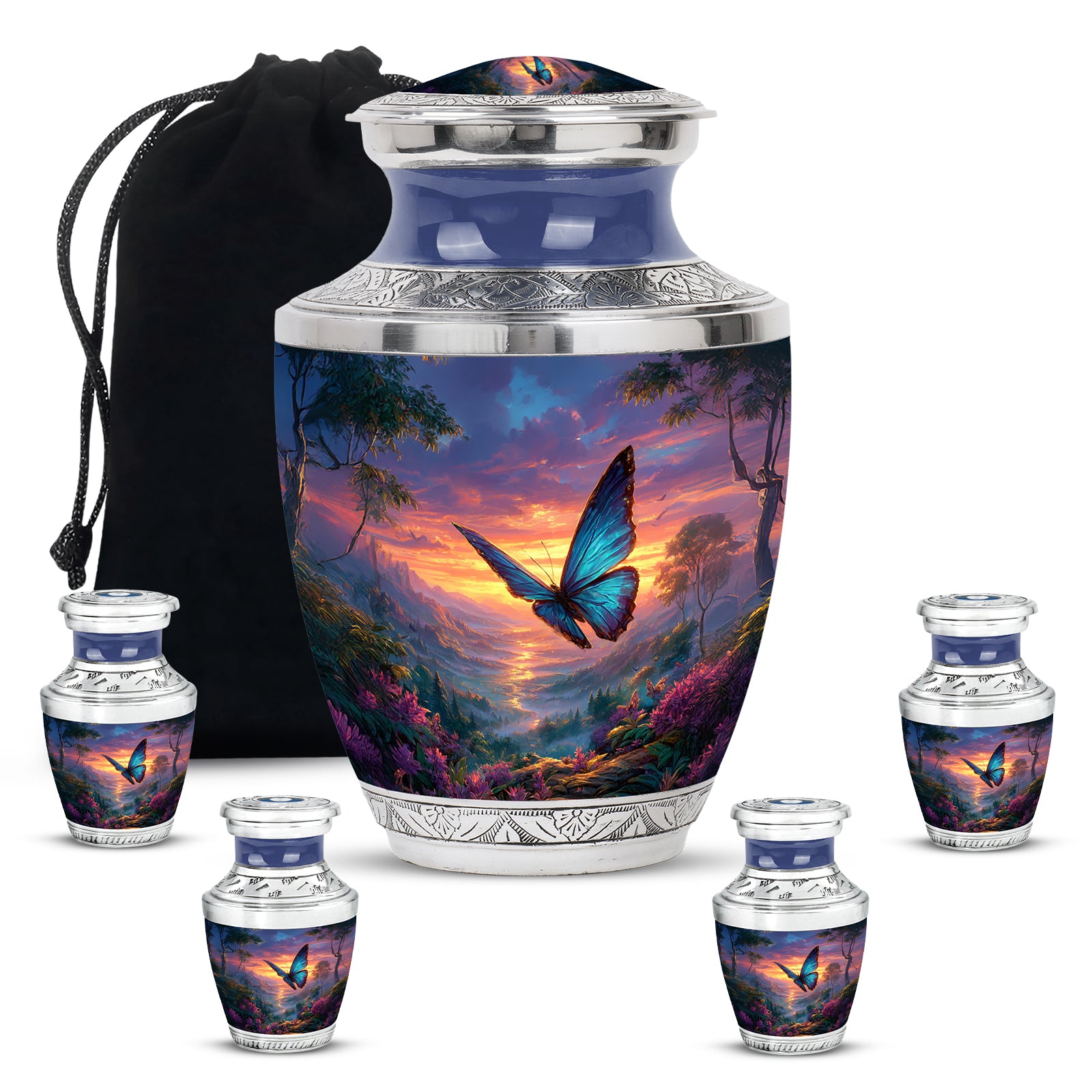 Icy Blue Butterfly Cremation Urn lifestyle display on memorial shelf - modern art-inspired butterfly motif on sleek aluminum - memorial set with one large and four small urns