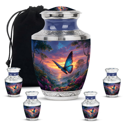 Icy Blue Butterfly Cremation Urn lifestyle display on memorial shelf - modern art-inspired butterfly motif on sleek aluminum - memorial set with one large and four small urns