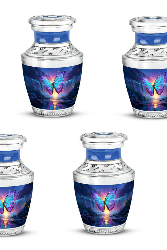 Twilight Blue Butterfly Cremation Urn back view with polished surface - artistic butterfly interpretation with creative detail - 10 inch aluminum urn for cremated remains