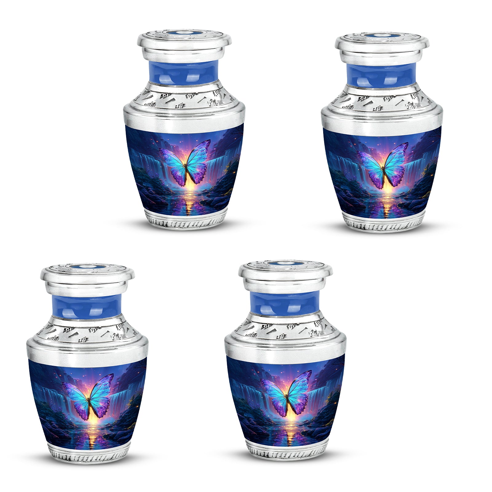 Twilight Blue Butterfly Cremation Urn back view with polished surface - artistic butterfly interpretation with creative detail - 10 inch aluminum urn for cremated remains