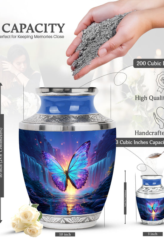 Calming Blue Butterfly Cremation Urn top-down view of secure threaded lid - stylized abstract butterfly pattern with bold lines - mini keepsake memorial for portion of cremation ashes