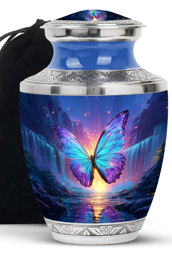 Soft Blue Butterfly Cremation Urn side profile showing urn shape - artistic butterfly interpretation with creative detail - full-size 10 inch 200 cubic inch adult cremation urn