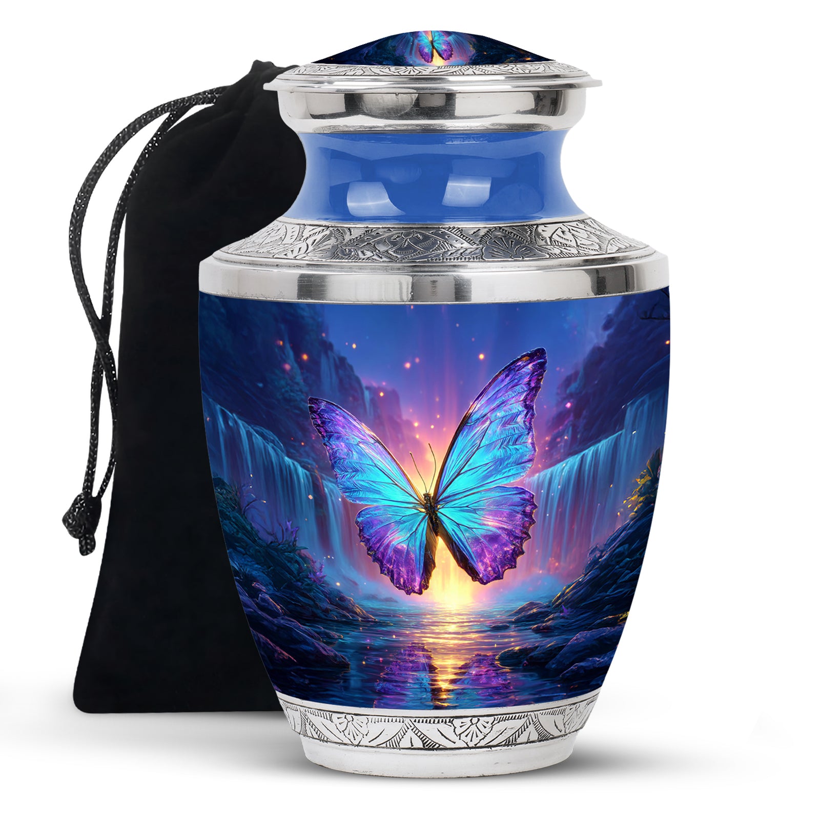 Soft Blue Butterfly Cremation Urn side profile showing urn shape - artistic butterfly interpretation with creative detail - full-size 10 inch 200 cubic inch adult cremation urn