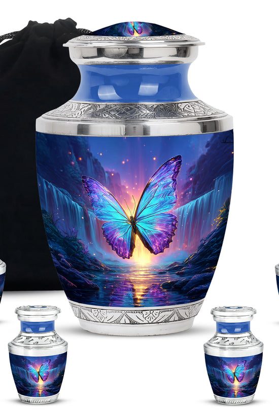Navy Blue Butterfly Cremation Urn lifestyle display on memorial shelf - contemporary butterfly design with modern artistic flair - memorial set with one large and four small urns