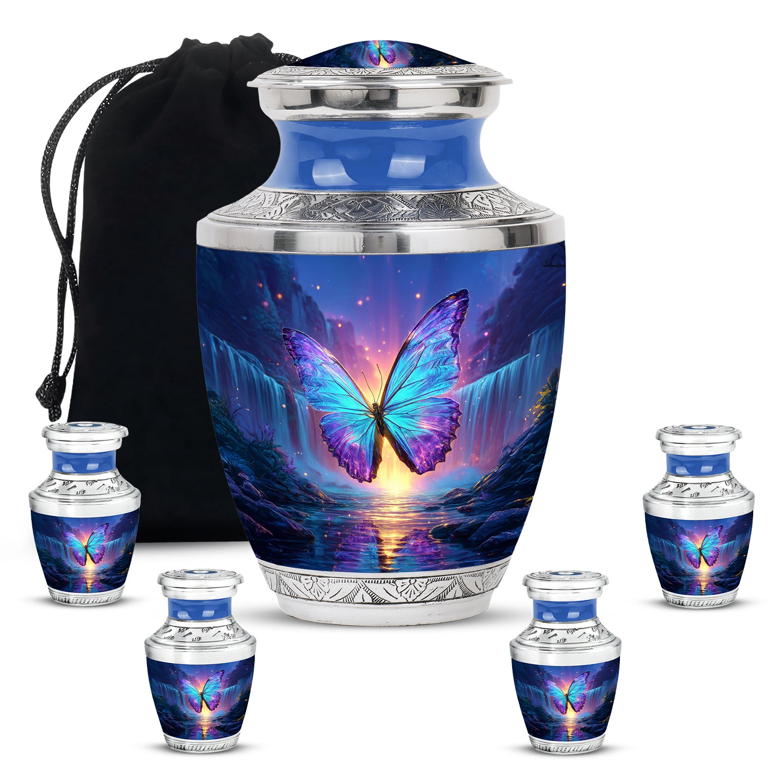 Navy Blue Butterfly Cremation Urn lifestyle display on memorial shelf - contemporary butterfly design with modern artistic flair - memorial set with one large and four small urns