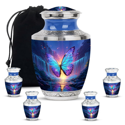 Navy Blue Butterfly Cremation Urn lifestyle display on memorial shelf - contemporary butterfly design with modern artistic flair - memorial set with one large and four small urns