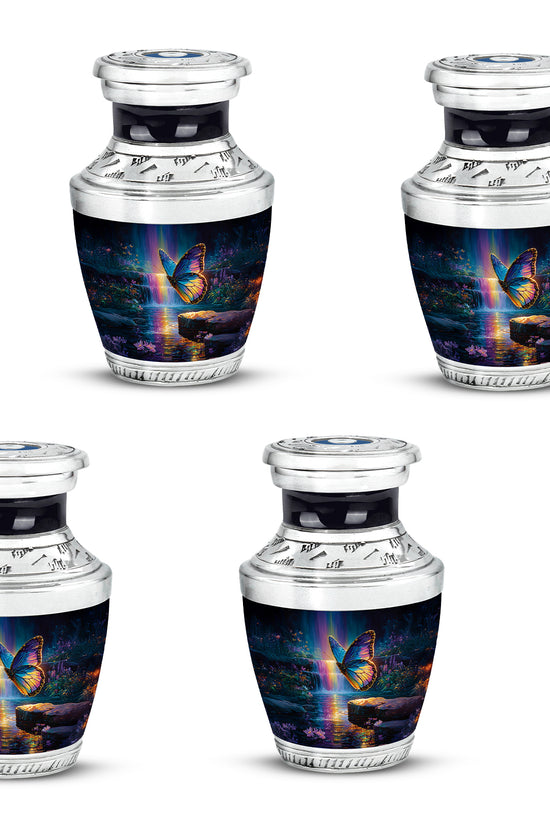 Indigo Butterfly Cremation Urn back view with polished surface - modern art-inspired butterfly motif on sleek aluminum - 10 inch aluminum urn for cremated remains