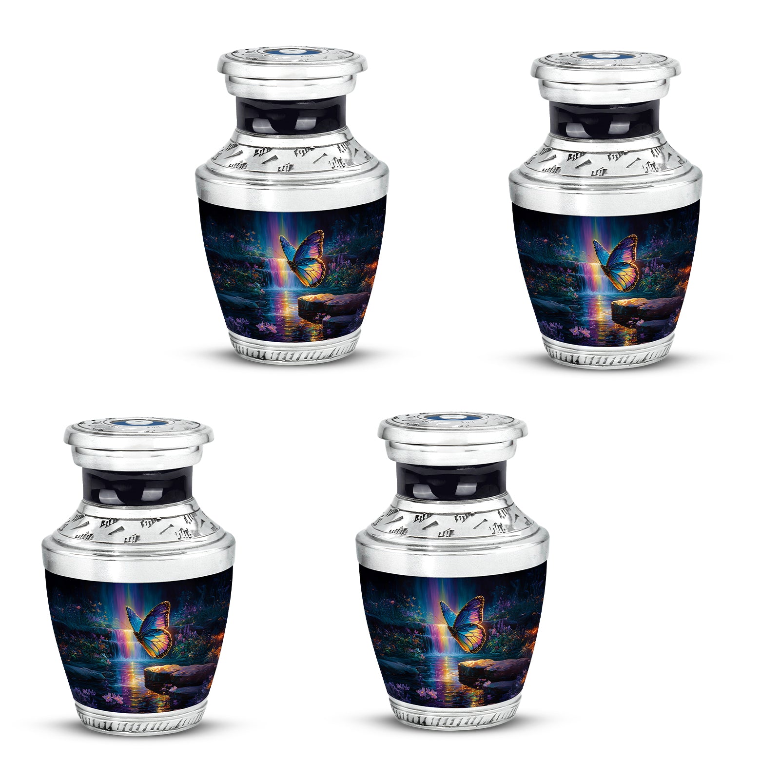 Indigo Butterfly Cremation Urn back view with polished surface - modern art-inspired butterfly motif on sleek aluminum - 10 inch aluminum urn for cremated remains