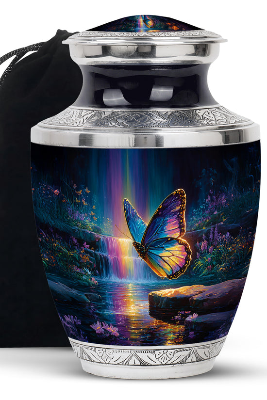 Steel Blue Butterfly Cremation Urn side profile showing urn shape - stylized abstract butterfly pattern with bold lines - full-size 10 inch 200 cubic inch adult cremation urn