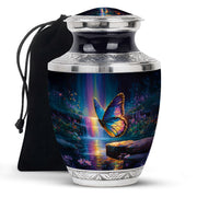 Steel Blue Butterfly Cremation Urn side profile showing urn shape - stylized abstract butterfly pattern with bold lines - full-size 10 inch 200 cubic inch adult cremation urn