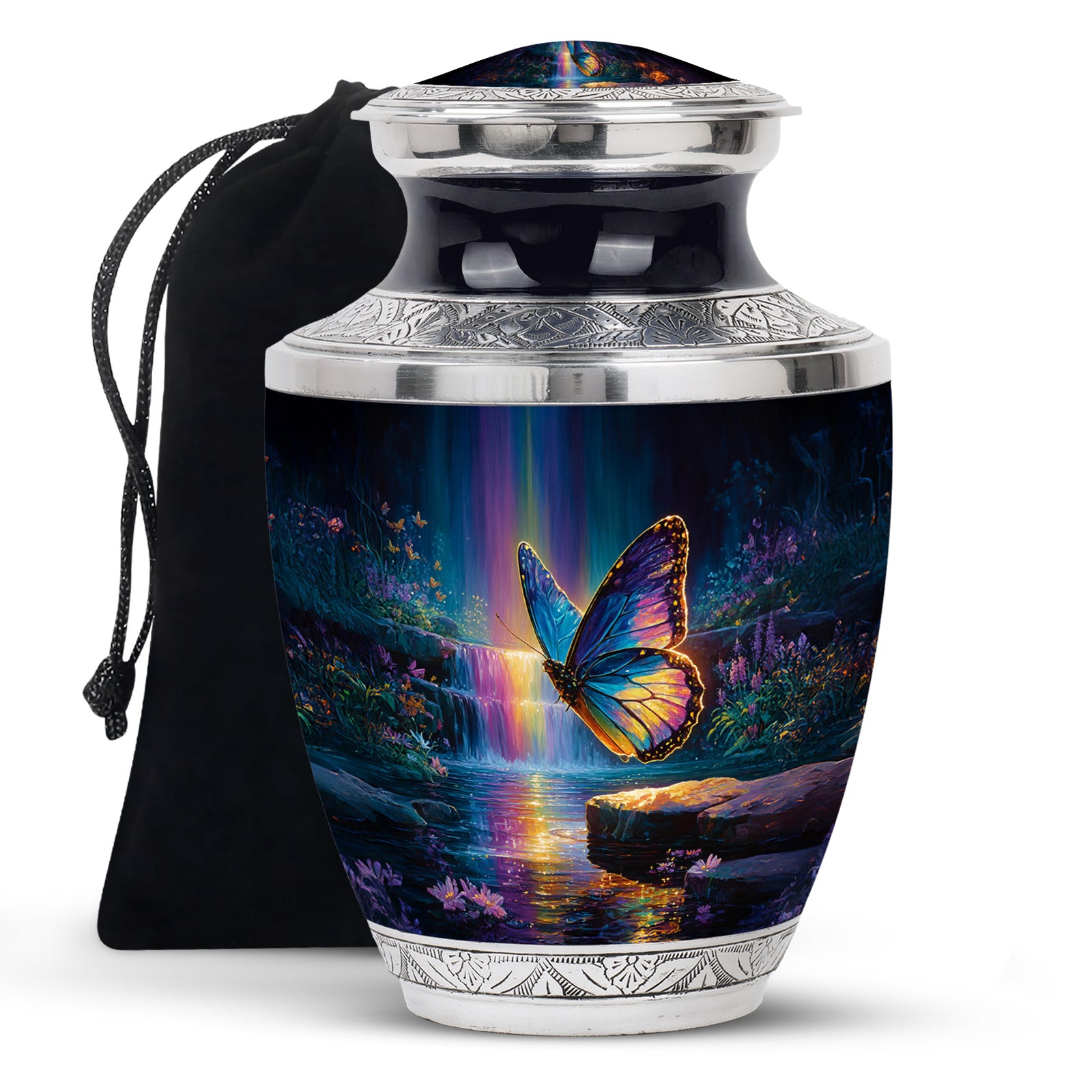Steel Blue Butterfly Cremation Urn side profile showing urn shape - stylized abstract butterfly pattern with bold lines - full-size 10 inch 200 cubic inch adult cremation urn