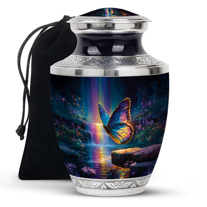 Steel Blue Butterfly Cremation Urn side profile showing urn shape - stylized abstract butterfly pattern with bold lines - full-size 10 inch 200 cubic inch adult cremation urn