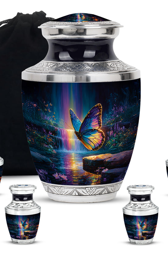 Navy Blue Butterfly Cremation Urn lifestyle display on memorial shelf - contemporary butterfly design with modern artistic flair - memorial set with one large and four small urns
