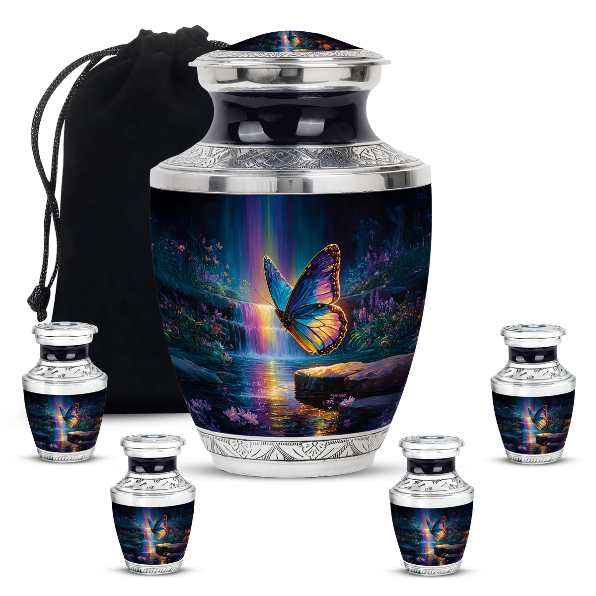 Navy Blue Butterfly Cremation Urn lifestyle display on memorial shelf - contemporary butterfly design with modern artistic flair - memorial set with one large and four small urns