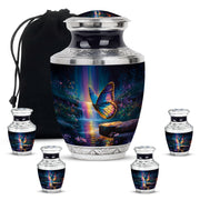 Navy Blue Butterfly Cremation Urn lifestyle display on memorial shelf - contemporary butterfly design with modern artistic flair - memorial set with one large and four small urns