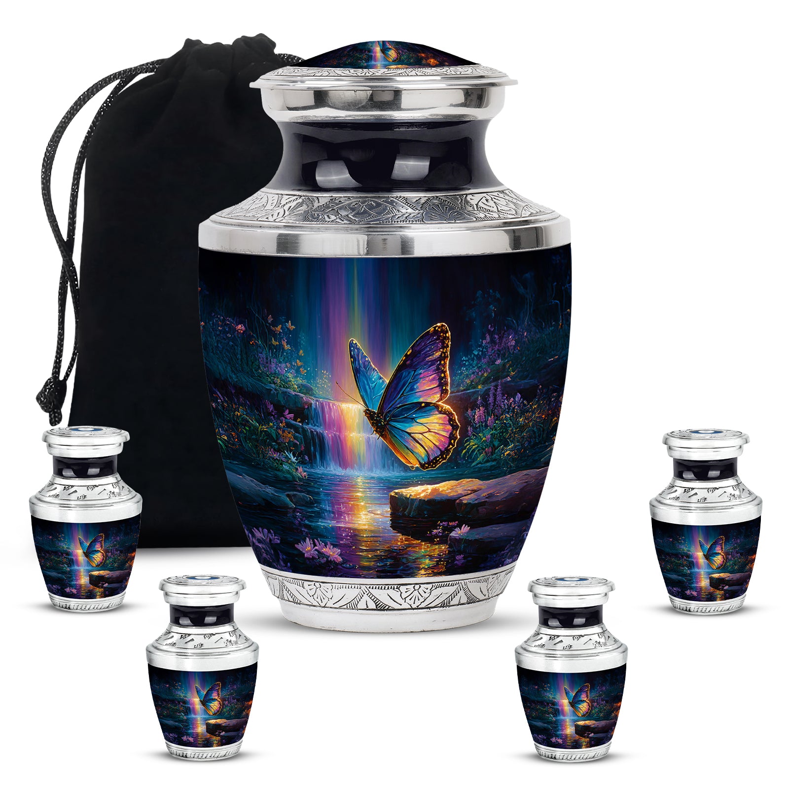 Navy Blue Butterfly Cremation Urn lifestyle display on memorial shelf - contemporary butterfly design with modern artistic flair - memorial set with one large and four small urns