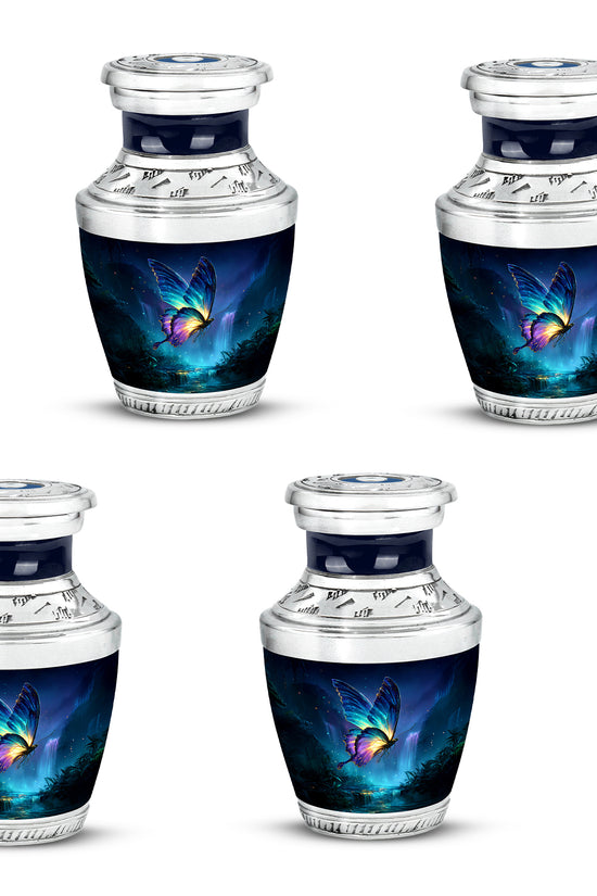 Soft Blue Butterfly Cremation Urn back view with polished surface - stylized abstract butterfly pattern with bold lines - 10 inch aluminum urn for cremated remains