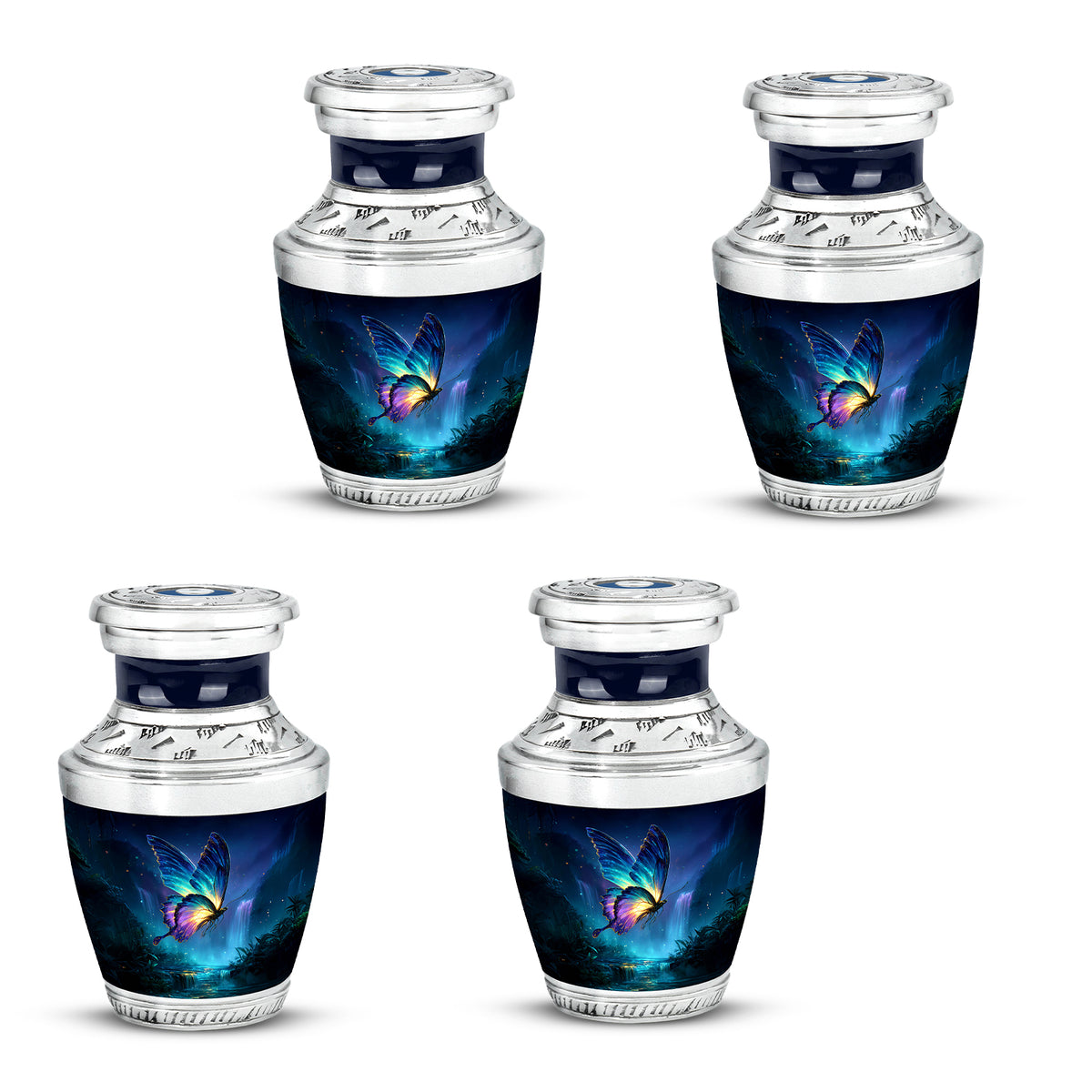 Soft Blue Butterfly Cremation Urn back view with polished surface - stylized abstract butterfly pattern with bold lines - 10 inch aluminum urn for cremated remains