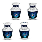 Soft Blue Butterfly Cremation Urn back view with polished surface - stylized abstract butterfly pattern with bold lines - 10 inch aluminum urn for cremated remains