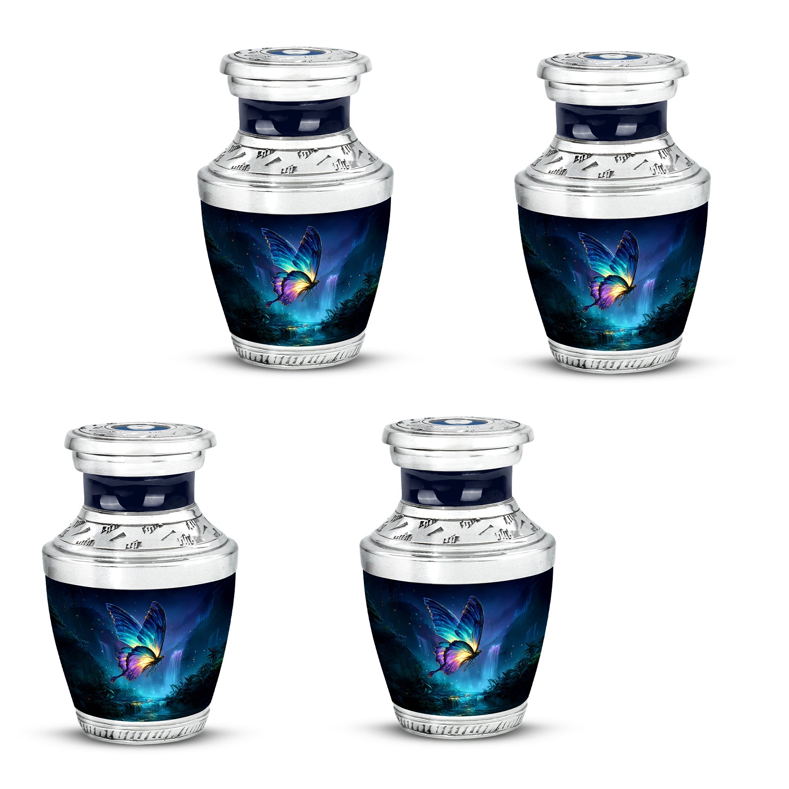 Soft Blue Butterfly Cremation Urn back view with polished surface - stylized abstract butterfly pattern with bold lines - 10 inch aluminum urn for cremated remains
