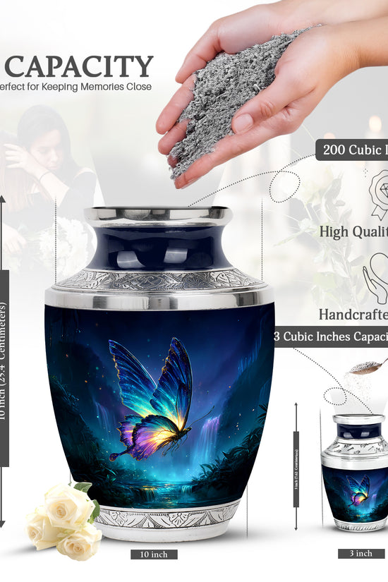 Indigo Butterfly Cremation Urn top-down view of secure threaded lid - modern art-inspired butterfly motif on sleek aluminum - mini keepsake memorial for portion of cremation ashes
