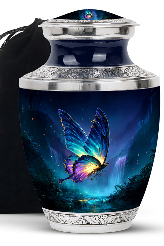 Sapphire Blue Butterfly Cremation Urn side profile showing urn shape - artistic butterfly interpretation with creative detail - full-size 10 inch 200 cubic inch adult cremation urn