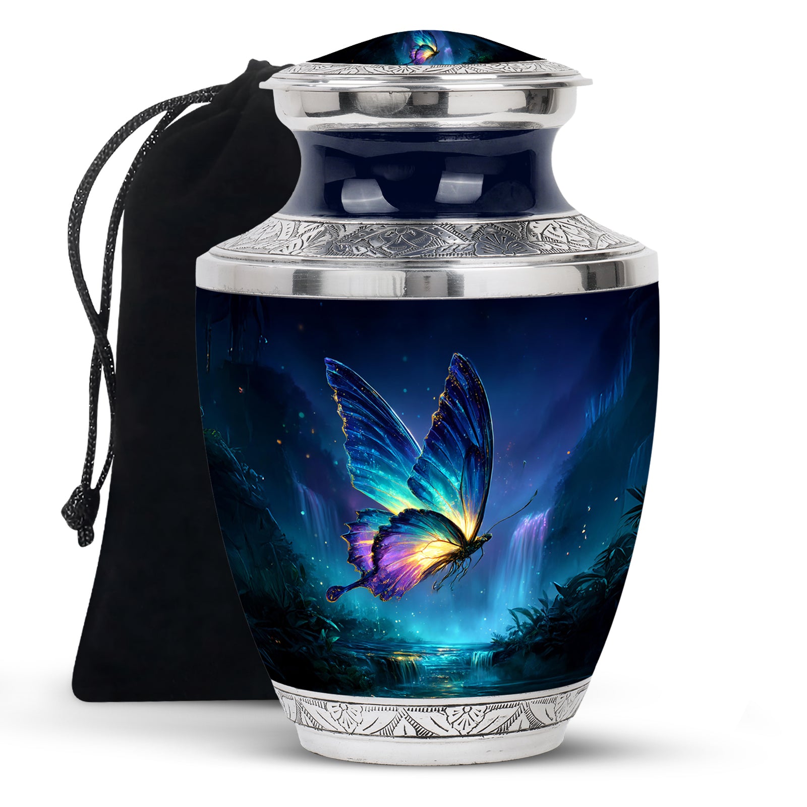 Sapphire Blue Butterfly Cremation Urn side profile showing urn shape - artistic butterfly interpretation with creative detail - full-size 10 inch 200 cubic inch adult cremation urn