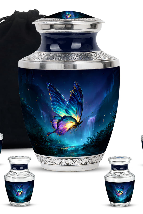 Steel Blue Butterfly Cremation Urn lifestyle display on memorial shelf - artistic butterfly interpretation with creative detail - memorial set with one large and four small urns