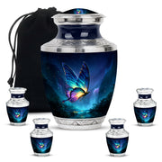 Steel Blue Butterfly Cremation Urn lifestyle display on memorial shelf - artistic butterfly interpretation with creative detail - memorial set with one large and four small urns