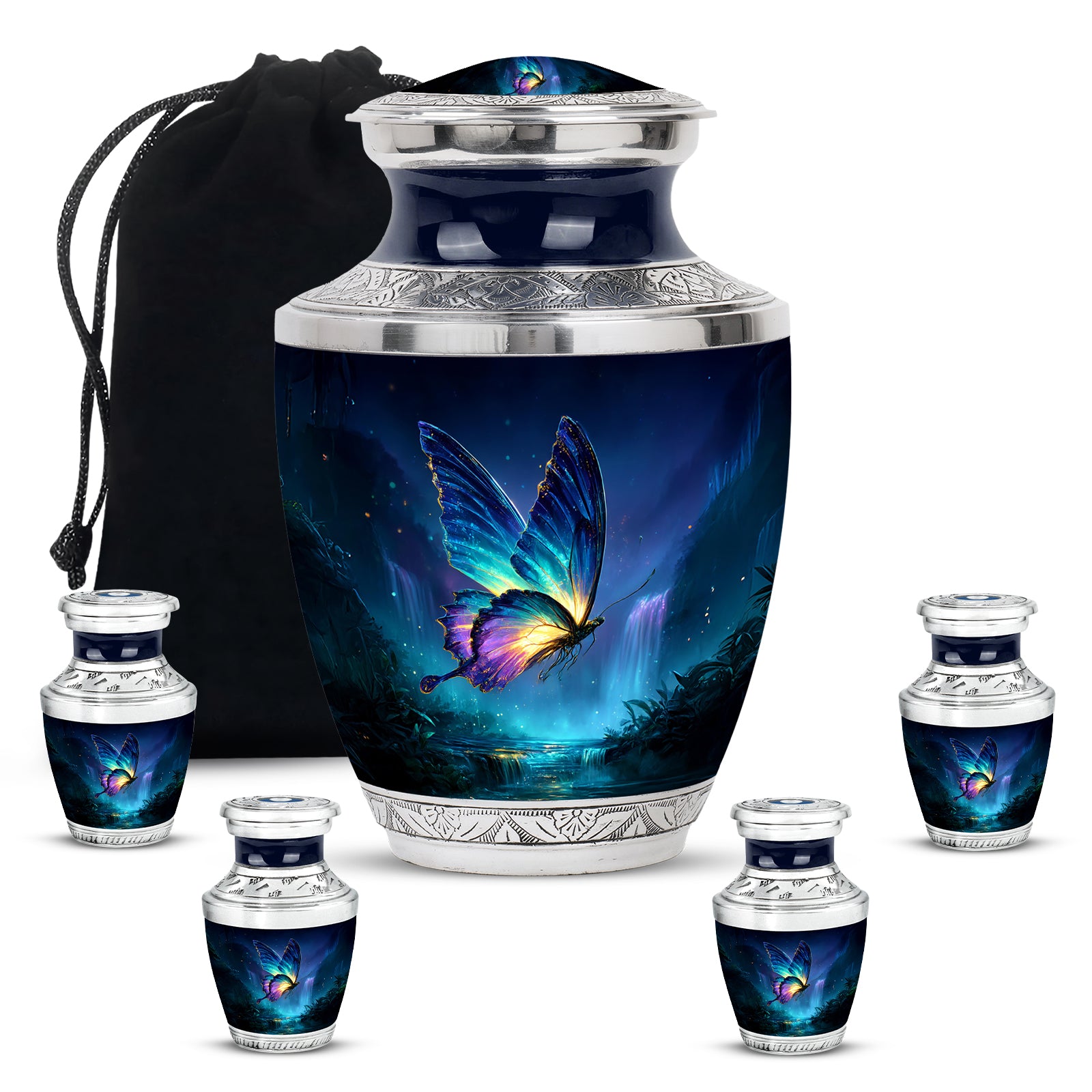 Steel Blue Butterfly Cremation Urn lifestyle display on memorial shelf - artistic butterfly interpretation with creative detail - memorial set with one large and four small urns