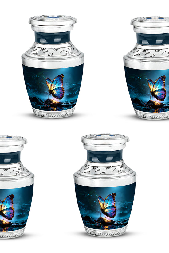 Vivid Blue Butterfly Cremation Urn back view with polished surface - artistic butterfly interpretation with creative detail - 10 inch aluminum urn for cremated remains