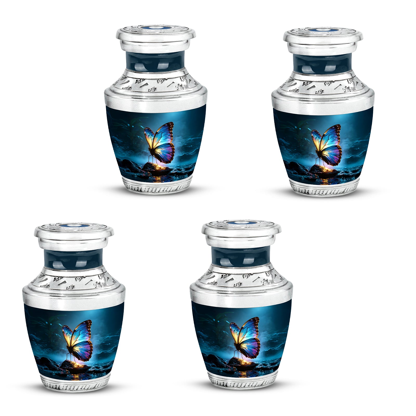 Vivid Blue Butterfly Cremation Urn back view with polished surface - artistic butterfly interpretation with creative detail - 10 inch aluminum urn for cremated remains