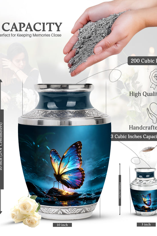 Twilight Blue Butterfly Cremation Urn top-down view of secure threaded lid - artistic butterfly interpretation with creative detail - mini keepsake memorial for portion of cremation ashes