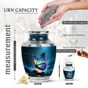 Twilight Blue Butterfly Cremation Urn top-down view of secure threaded lid - artistic butterfly interpretation with creative detail - mini keepsake memorial for portion of cremation ashes