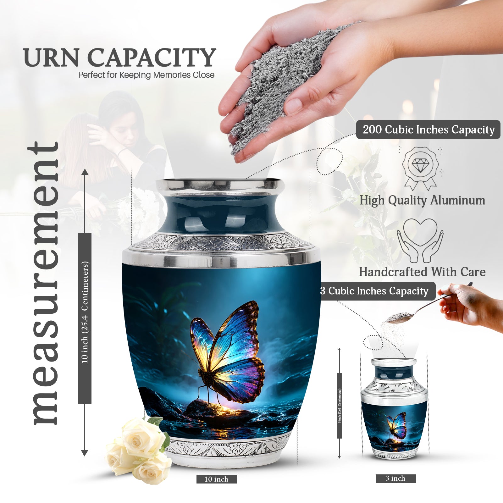 Twilight Blue Butterfly Cremation Urn top-down view of secure threaded lid - artistic butterfly interpretation with creative detail - mini keepsake memorial for portion of cremation ashes