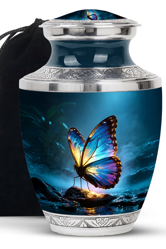 Steel Blue Butterfly Cremation Urn side profile showing urn shape - stylized abstract butterfly pattern with bold lines - full-size 10 inch 200 cubic inch adult cremation urn
