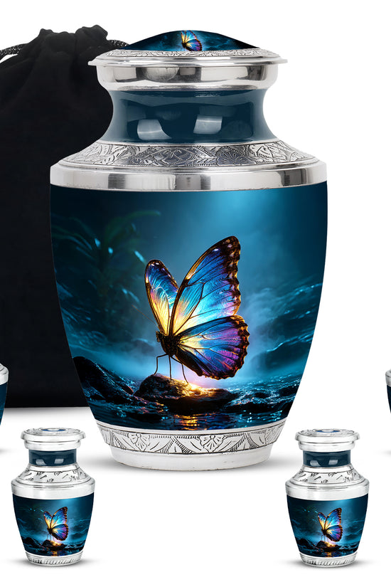 Azure Butterfly Cremation Urn lifestyle display on memorial shelf - contemporary butterfly design with modern artistic flair - memorial set with one large and four small urns